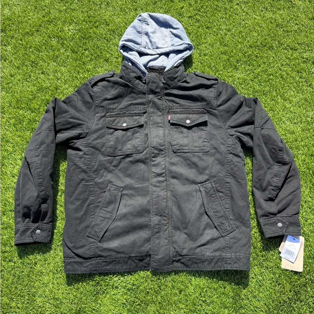 Levi's Black Military Trucker Jacket with Gray Hood - NWT- Large